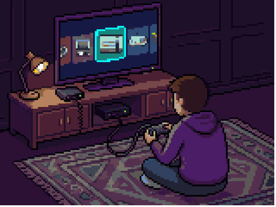 Someone playing with a controller in front of the TV, the Recalbox menu on screen, a small black console on the stand