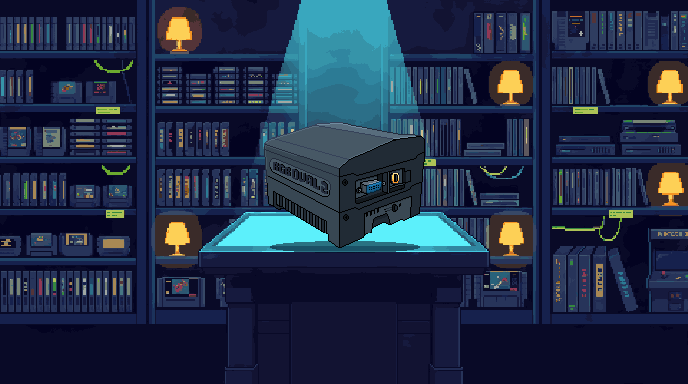 A Recalbox RGB Dual 2 on a lit pedestal, among shelves of cartridges and discs
