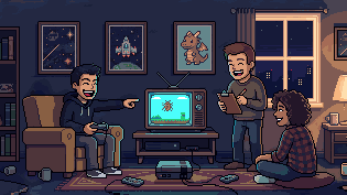 Friends testing a game together around a TV